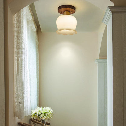 Modern Minimalist Bellflower Walnut Resin 1-Light Semi-Flush Mount Ceiling Light