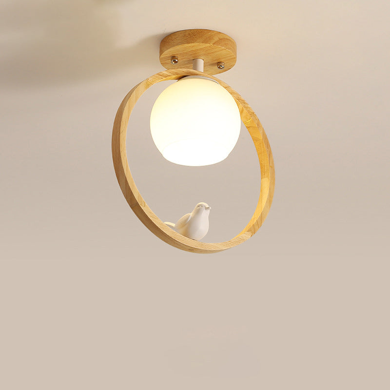 Traditional Japanese Wood Circle Ring Glass Ball Shade Bird 1-Light Semi-Flush Mount Ceiling Light For Living Room