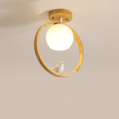 Traditional Japanese Wood Circle Ring Glass Ball Shade Bird 1-Light Semi-Flush Mount Ceiling Light For Living Room