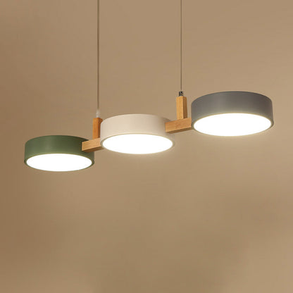 ثريا جزيرة LED معاصرة من الخشب الصلب مصنوعة من الأكريليك والمعدن بتصميم دائري على طراز الماكارون الإسكندنافي لغرفة الطعام 