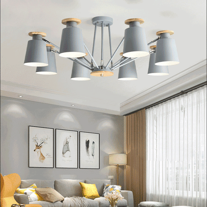Contemporary Scandinavian Branch Cylindrical Cup Wood Iron 6/8 Light Chandelier For Living Room