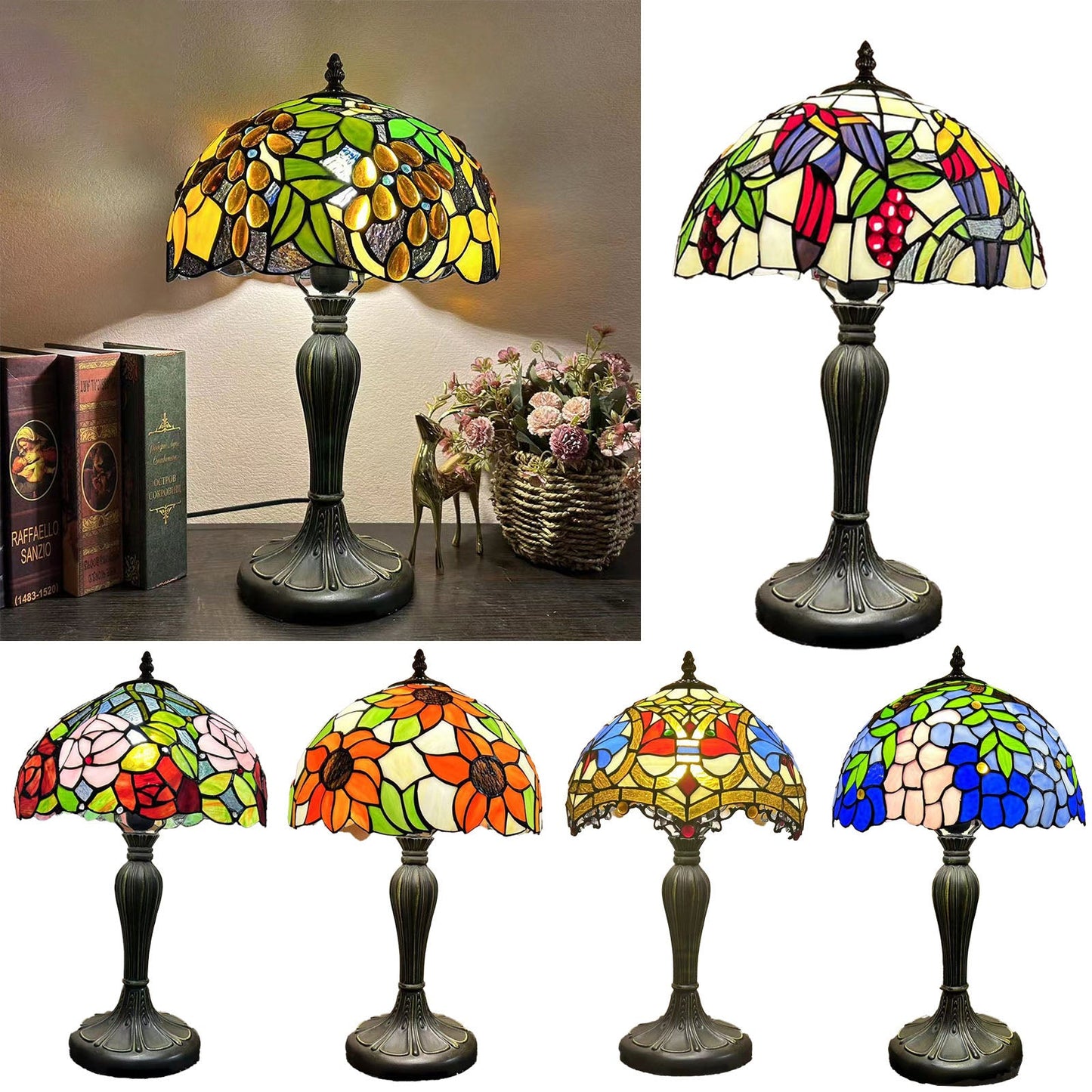 Traditional Tiffany Metal Glass Dome Grape Flower Dragonfly Butterfly 1-Light Table Lamp For Bedside