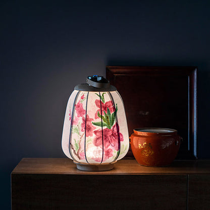 Traditional Chinese Leather Wood Stainless Steel Fabric Flower Bamboo Leaf Rechargeable LED Hanging Table Lamp For Bedside