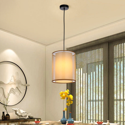 Traditional Chinese Double Round Iron Fabric 1-Light Pendant Light For Living Room