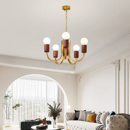 Contemporary Vintage Curved Rod Cylinder Candlestick Shape Copper Wood 3/4/5 Light Chandelier For Living Room