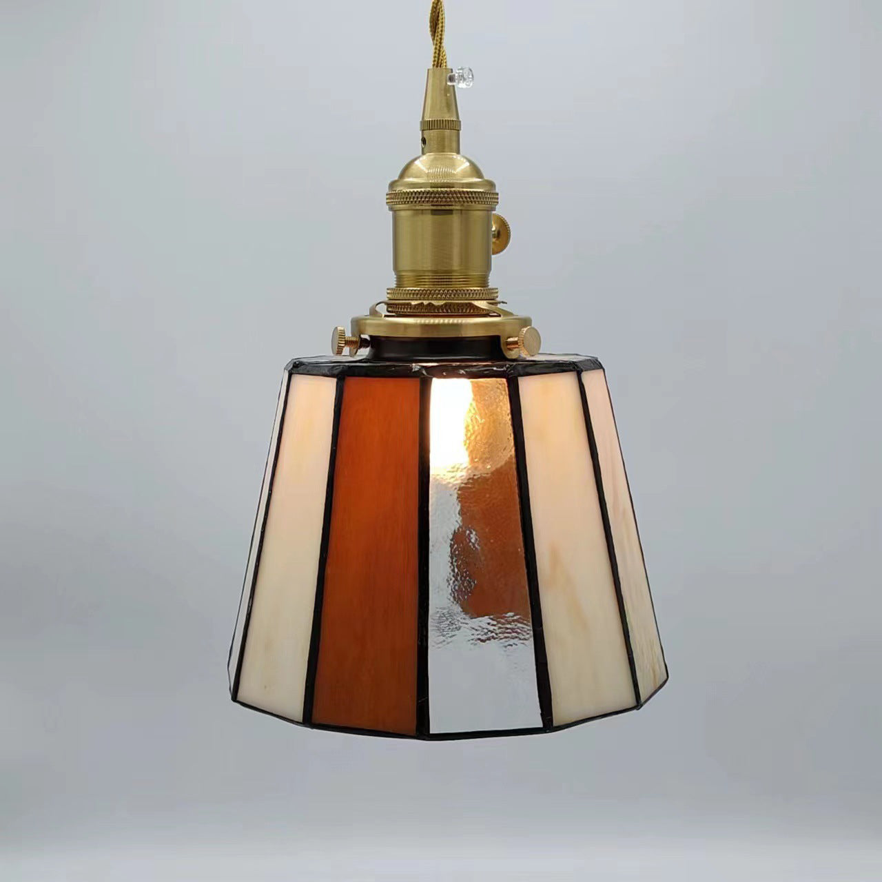 Traditional Vintage Brass Glass Cylinder Quadripartite Horn Lattice 1-Light Pendant Light For Dining Room