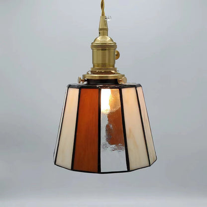 Traditional Vintage Brass Glass Cylinder Quadripartite Horn Lattice 1-Light Pendant Light For Dining Room
