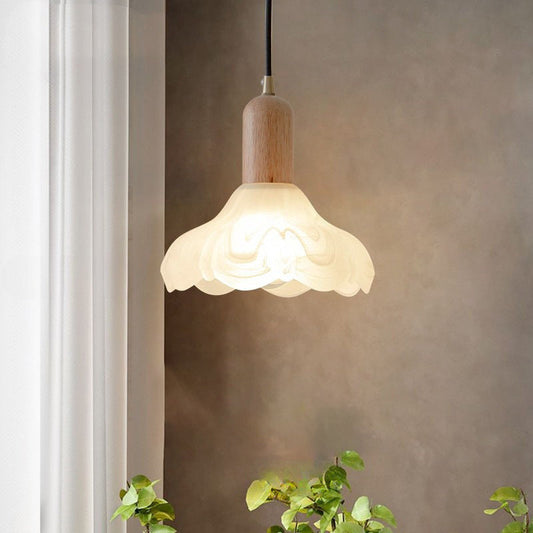 Traditional Japanese Cylinder Flower Solid Wood Glass 1-Light Pendant Light For Living Room