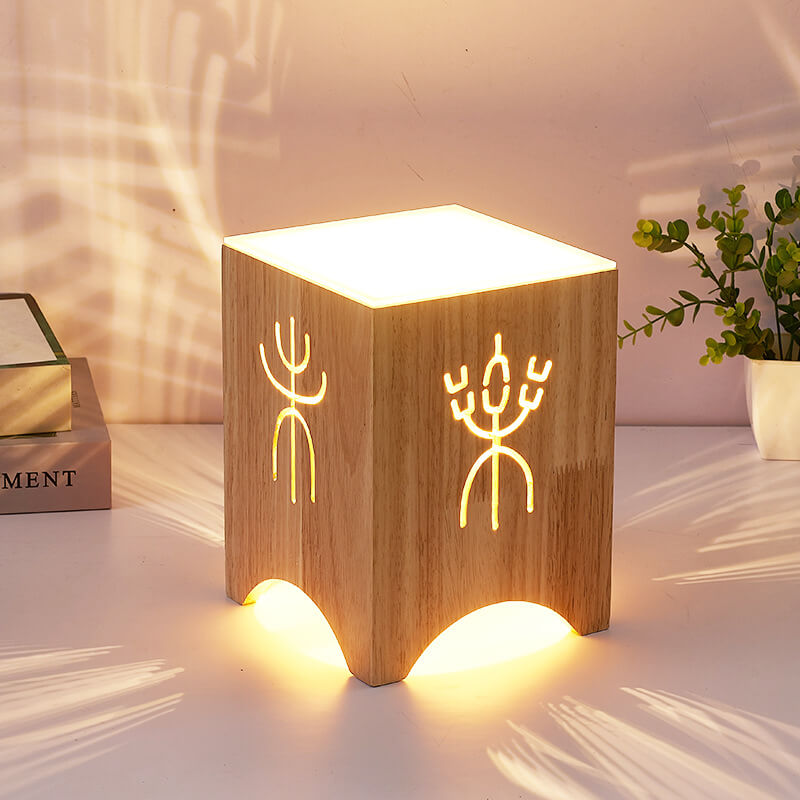 Japanese Harajuku Solid Wood Hollow Pattern Cube Acrylic 1-Light Table Lamp