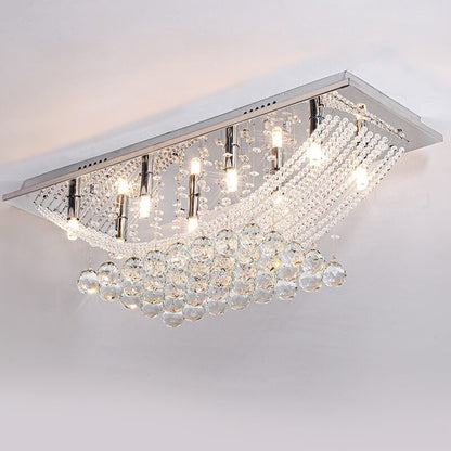 European Luxury Crystal Bead Curtain Rectangular Stainless Steel 8-Light Flush Mount Ceiling Light