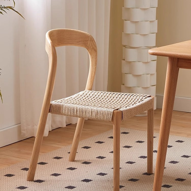 Traditional Vintage Square Braided Rope Seat Wood Frame Dining Chair Backrest Armless For Dining Room
