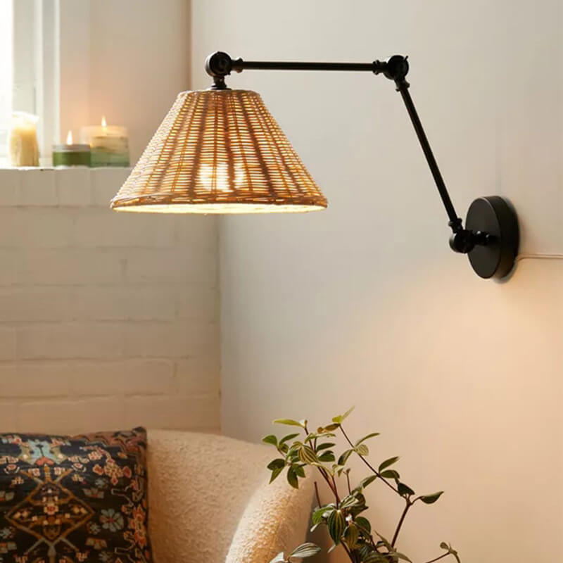 Vintage Chinese Rattan Cone Shade Iron Swing Arm 1-Light Wall Sconce Lamp