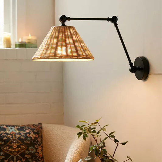 Vintage Chinese Rattan Cone Shade Iron Swing Arm 1-Light Wall Sconce Lamp