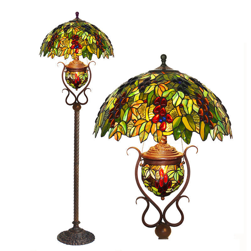 Traditional Tiffany Stained Glass Grape Decor Dome 3-Light Standing Floor Lamp For Study