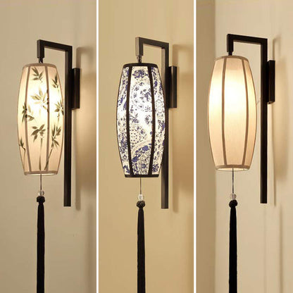 Chinese Vintage Painted Fabric Lantern Tassel 1-Light Wall Sconce Lamp