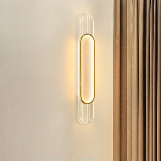 مصباح حائط LED بتصميم عصري بسيط مع حواف من خشب التقليد وشبكة أكريليك بيضاوية الشكل لغرفة المعيشة