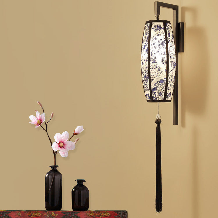 Chinese Vintage Painted Fabric Lantern Tassel 1-Light Wall Sconce Lamp