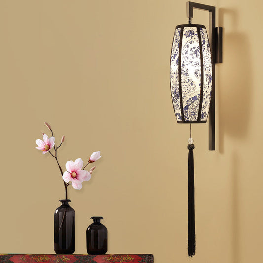 Chinese Vintage Painted Fabric Lantern Tassel 1-Light Wall Sconce Lamp