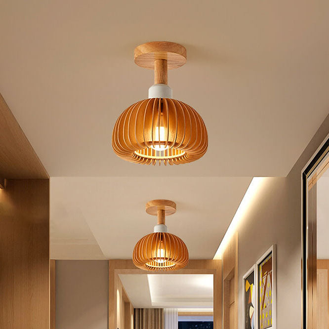 Nordic Wood Geometric Round 1-Light Semi-Flush Mount Ceiling Light