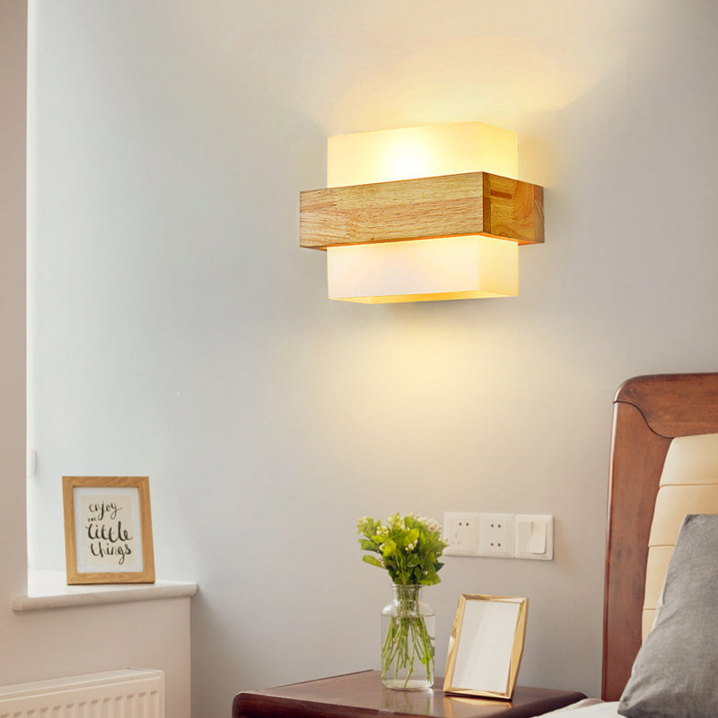 Traditional Farmhouse Wood Glass Cubic 1-Light Wall Sconce Lamp For Bedside