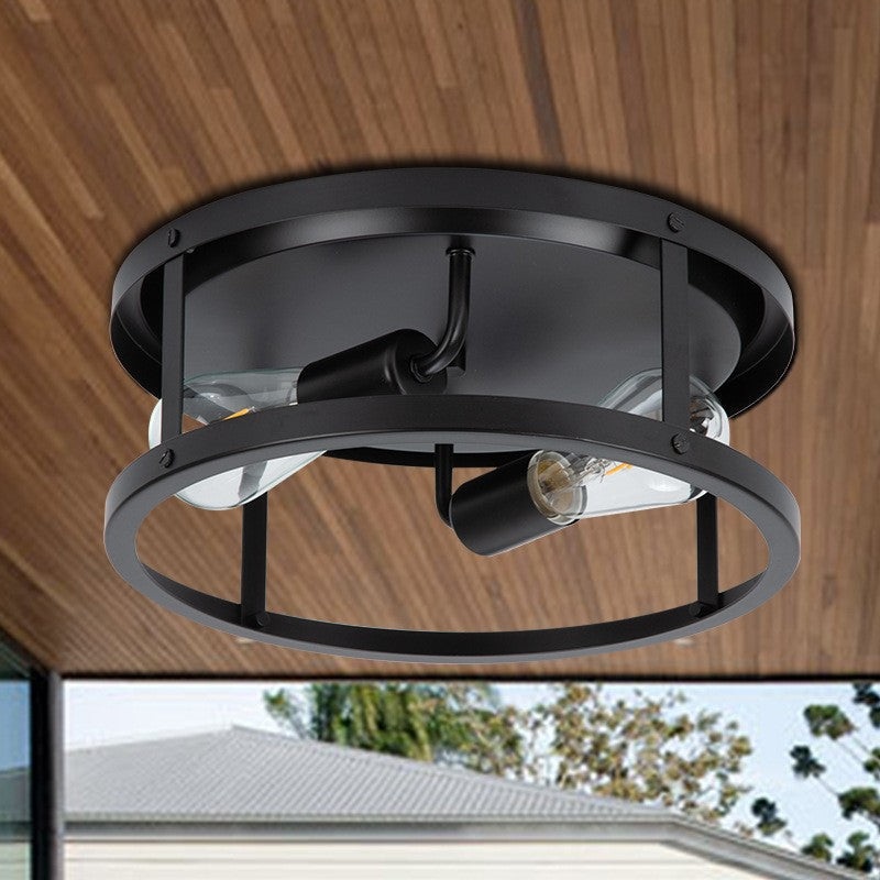 Industrial Vintage Iron Round Drum Hollow 2-Light Flush Mount Ceiling Light