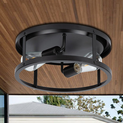 Industrial Vintage Iron Round Drum Hollow 2-Light Flush Mount Ceiling Light