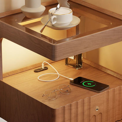 Contemporary Nordic Rectangular Solid Wood Tempered Glass Zinc Alloy Nightstand 2-Drawer For Bedroom