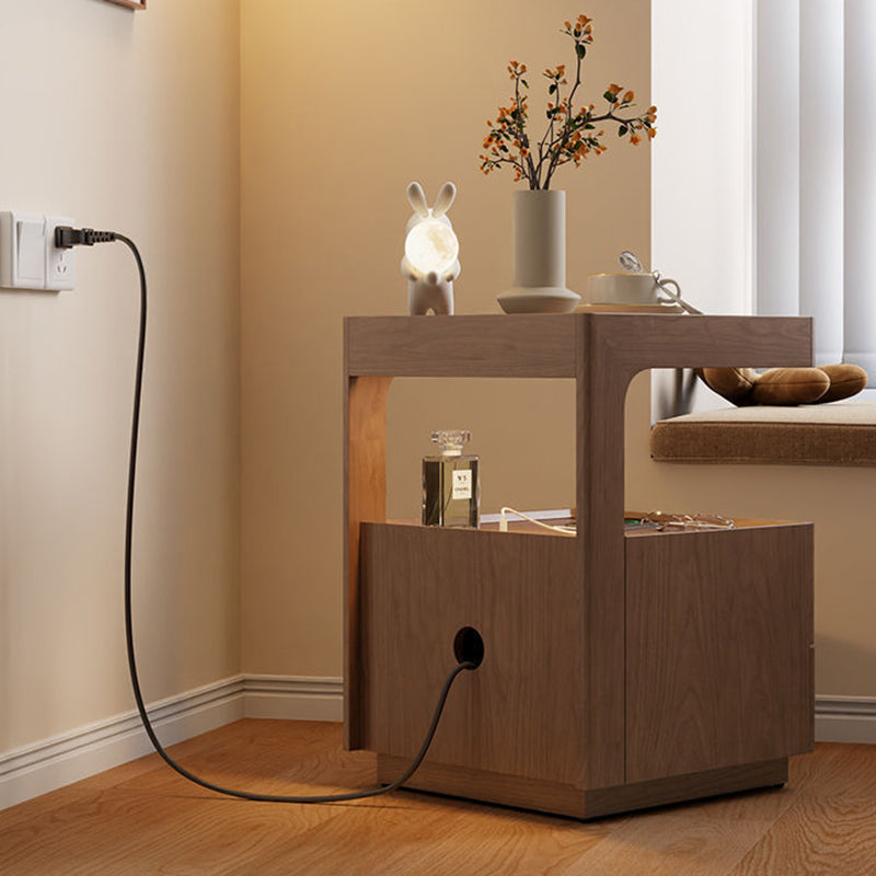 Contemporary Nordic Rectangular Solid Wood Tempered Glass Zinc Alloy Nightstand 2-Drawer For Bedroom