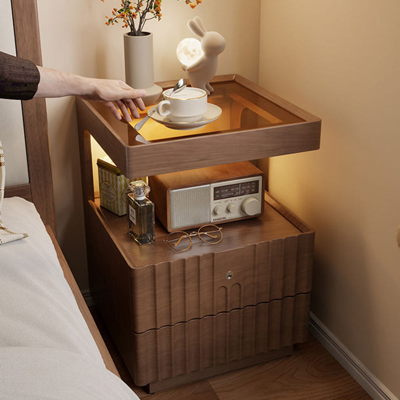 Contemporary Nordic Rectangular Solid Wood Tempered Glass Zinc Alloy Nightstand 2-Drawer For Bedroom