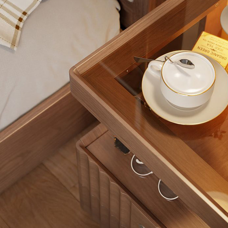 Contemporary Nordic Rectangular Solid Wood Tempered Glass Zinc Alloy Nightstand 2-Drawer For Bedroom
