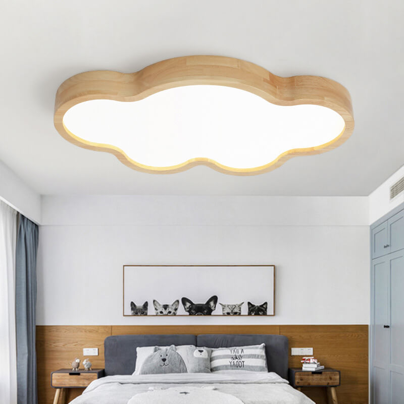 Scandinavian Modern Minimalist Clouds Stars Rubber Wood Acrylic LED Flush Mount Ceiling Light