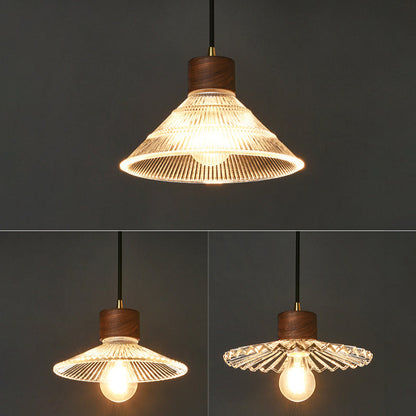 Traditional Chinese Iron Walnut Glass Conic Umbrella-Shaped 1-Light Pendant Light For Dining Room
