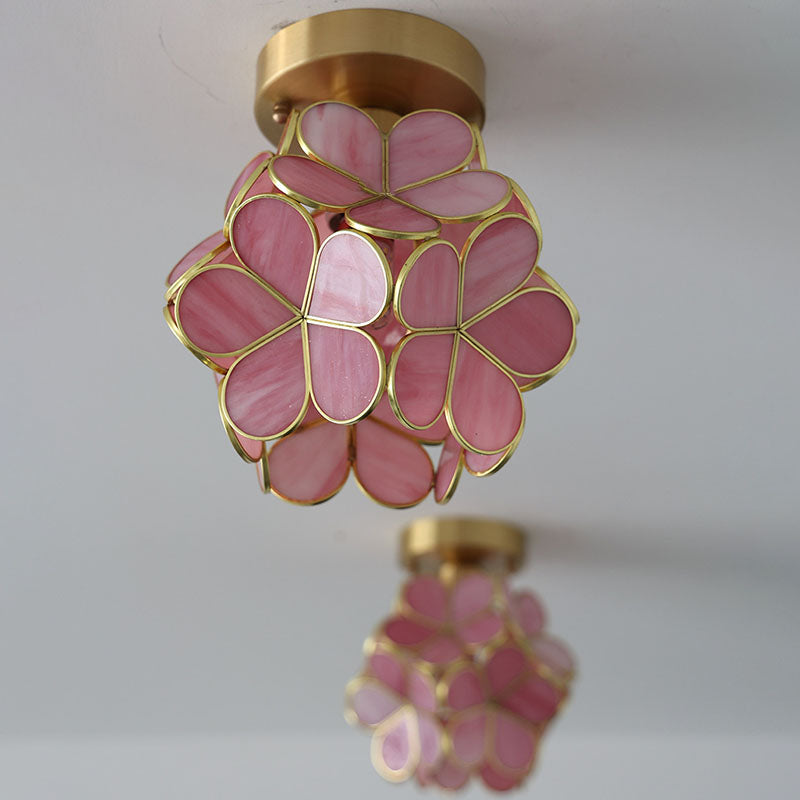 Modern Art Deco Brass Finish Frame Petal Glass Shade 1-Light Semi-Flush Mount Ceiling Light For Living Room