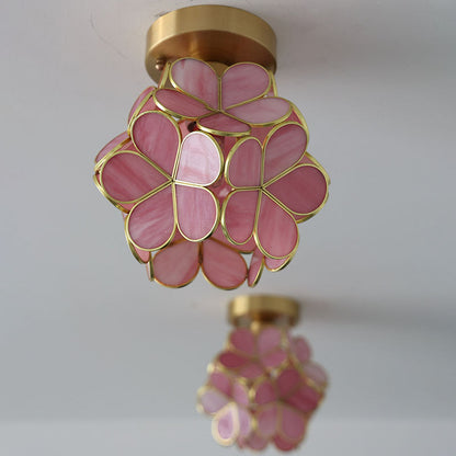 Modern Art Deco Brass Finish Frame Petal Glass Shade 1-Light Semi-Flush Mount Ceiling Light For Living Room