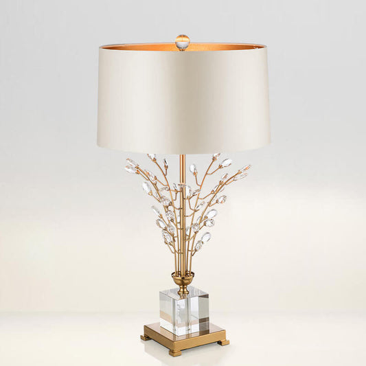 Modern Luxury Tree Branch Round Quadrangle Crystal Fabric 1-Light Table Lamp For Bedroom