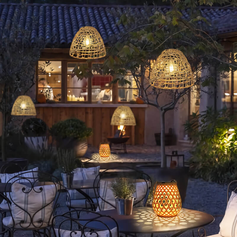 Traditional Rustic Iron Net Rattan Weaving Cage LED Solar Waterproof Pendant Light For Outdoor Patio