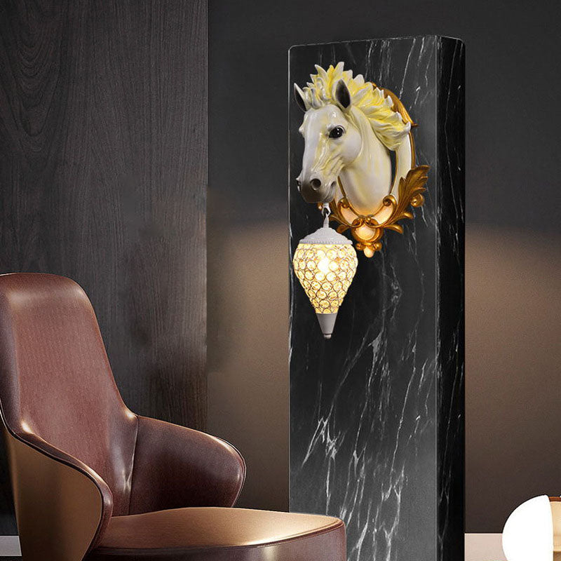 Modern Eclectic Resin Horse Head Decor Crystal Round Shade 1-Light Wall Sconce Lamp For Living Room