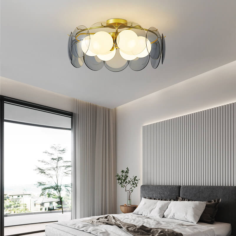 Modern Mid-Century Golden Finish Frame Glass Ball Shade 4/6-Light Semi-Flush Mount Ceiling Light For Living Room
