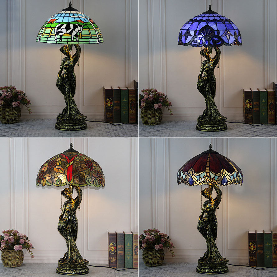 Traditional Tiffany Resin Glass Dome Grape Cow Diamond Pretty Woman Base 2-Light Table Lamp For Bedside