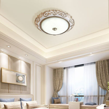 European Retro Round Carved Lace Resin Glass LED Flush Mount  Ceiling Light