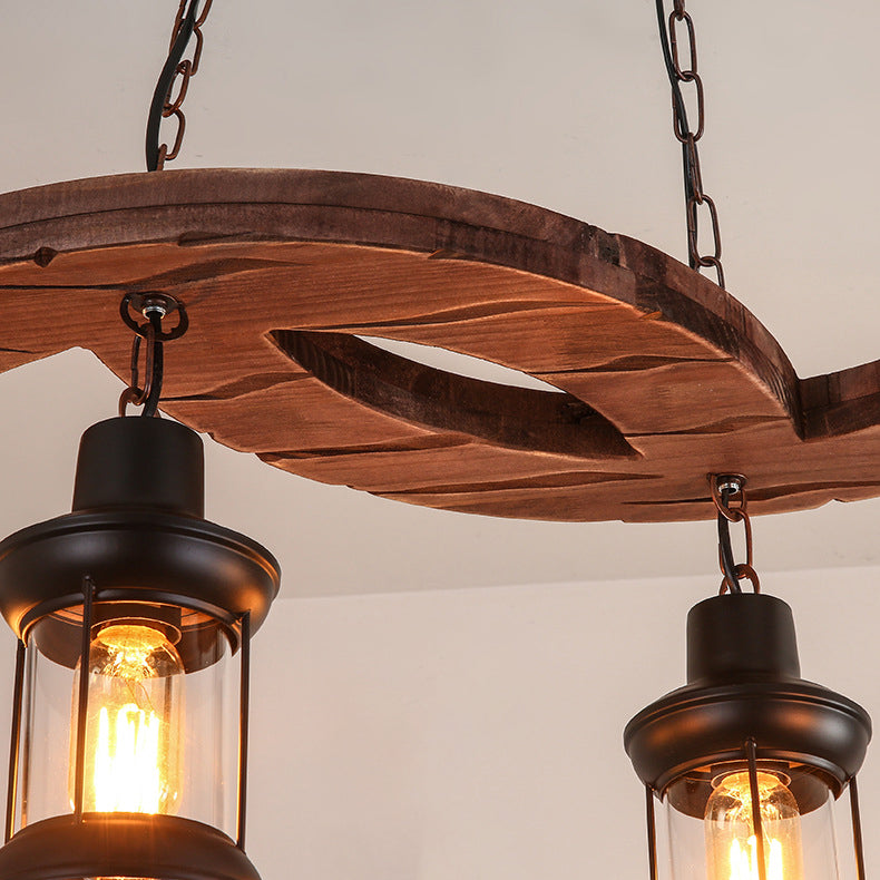 Traditional Japanese Wood Double Moon Design Iron Glass Bottle Shade 4-Light Island Light Chandelier For Dining Room