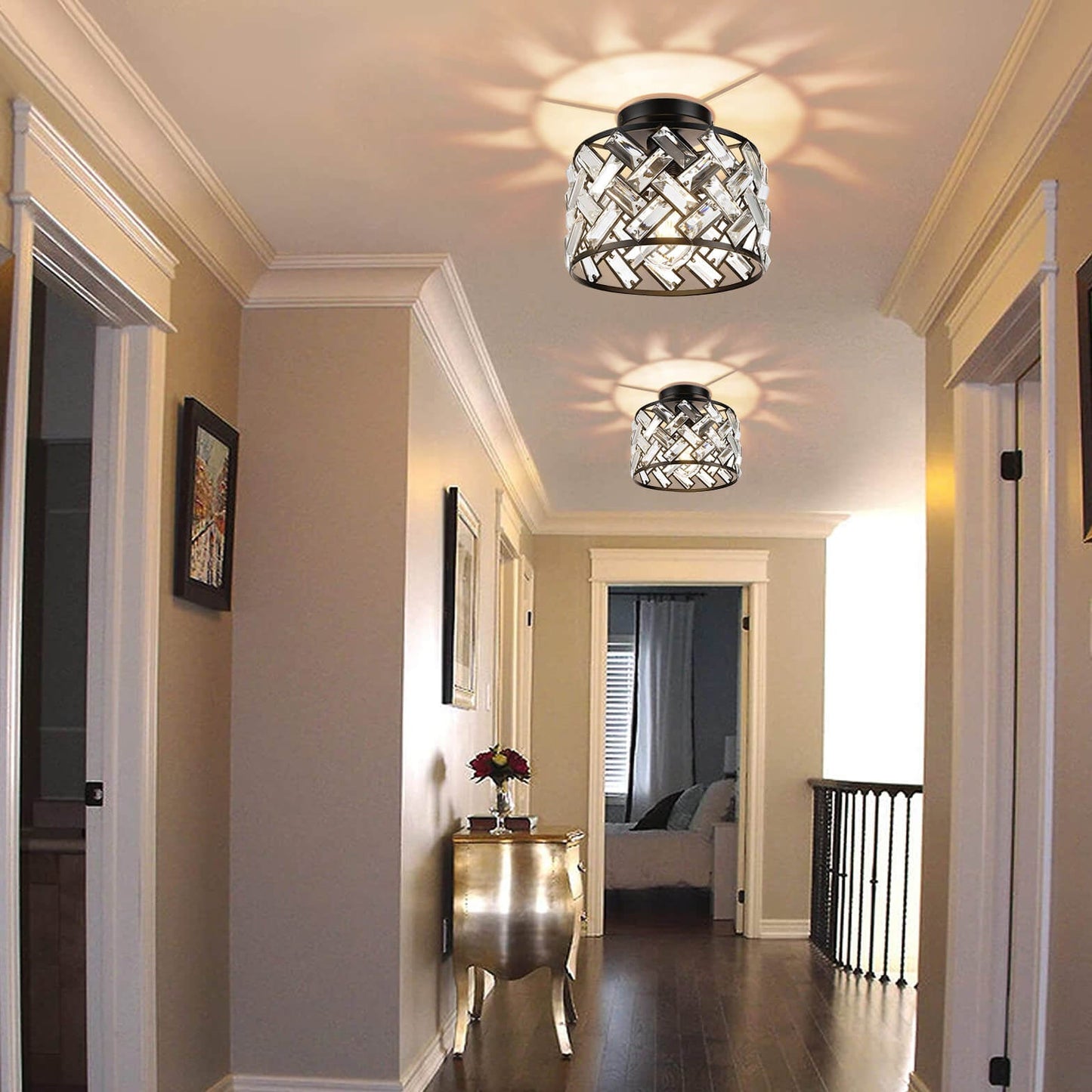 Modern Minimalist Round Metal Crystal 1-Light Semi-Flush Mount Ceiling Light For Living Room