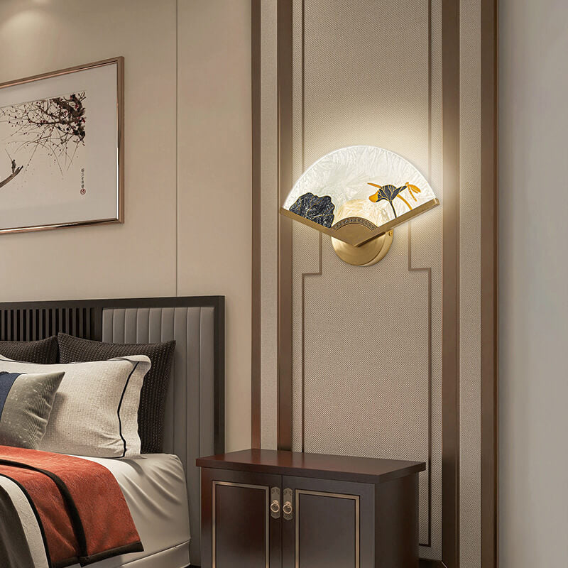 Modern Chinese Glass Folding Fan Shaped Brass LED Wall Sconce Lamp