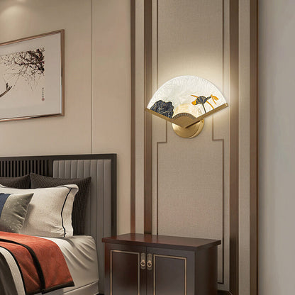 Modern Chinese Glass Folding Fan Shaped Brass LED Wall Sconce Lamp