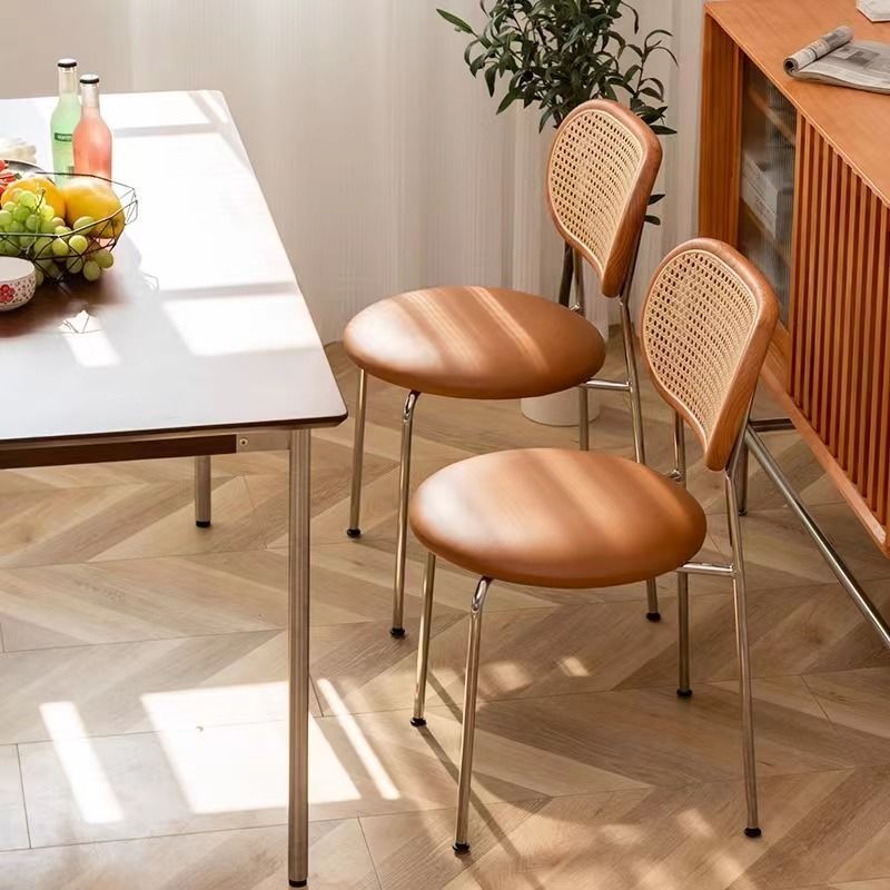 Contemporary Vintage Round Rectangular Solid Wood Metal Genuine Leather Dining Chair Backrest For Dining Room