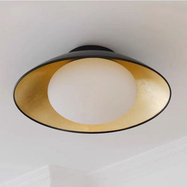 Traditional Vintage Round Gold Foil Iron Glass 1-Light Flush Mount Ceiling Light For Bedroom