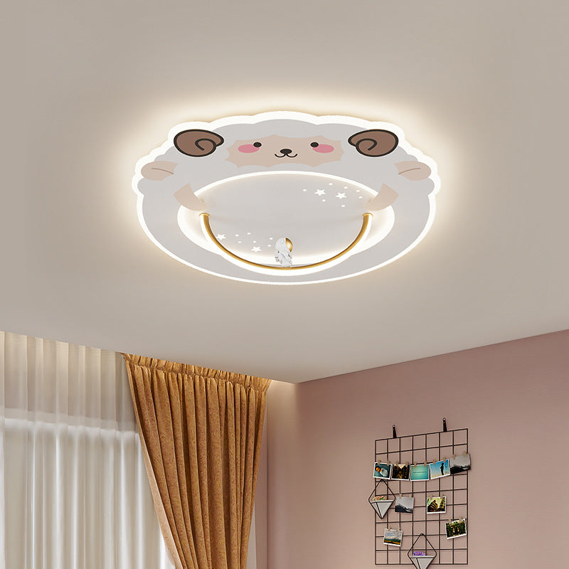 Modern Art Deco Kids Aluminum Acrylic Penguin Panda Lion Sheep Round LED Flush Mount Ceiling Light For Bedroom