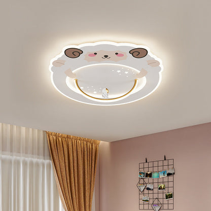 Modern Art Deco Kids Aluminum Acrylic Penguin Panda Lion Sheep Round LED Flush Mount Ceiling Light For Bedroom