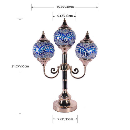 Traditional Rustic Stained Glass Round Shade Sconce 3-Light Table Lamp For Bedroom