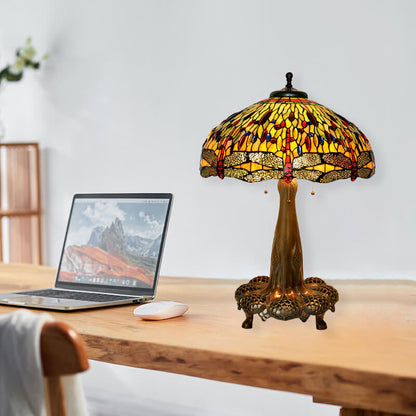 Traditional Tiffany Dragonfly Stained Glass Dome 3-Light Table Lamp For Study